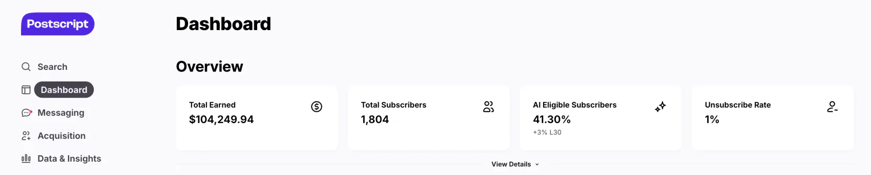 Postscript SMS dashboard for a grocery brand showing $104,249.94 total earned from 1,804 subscribers